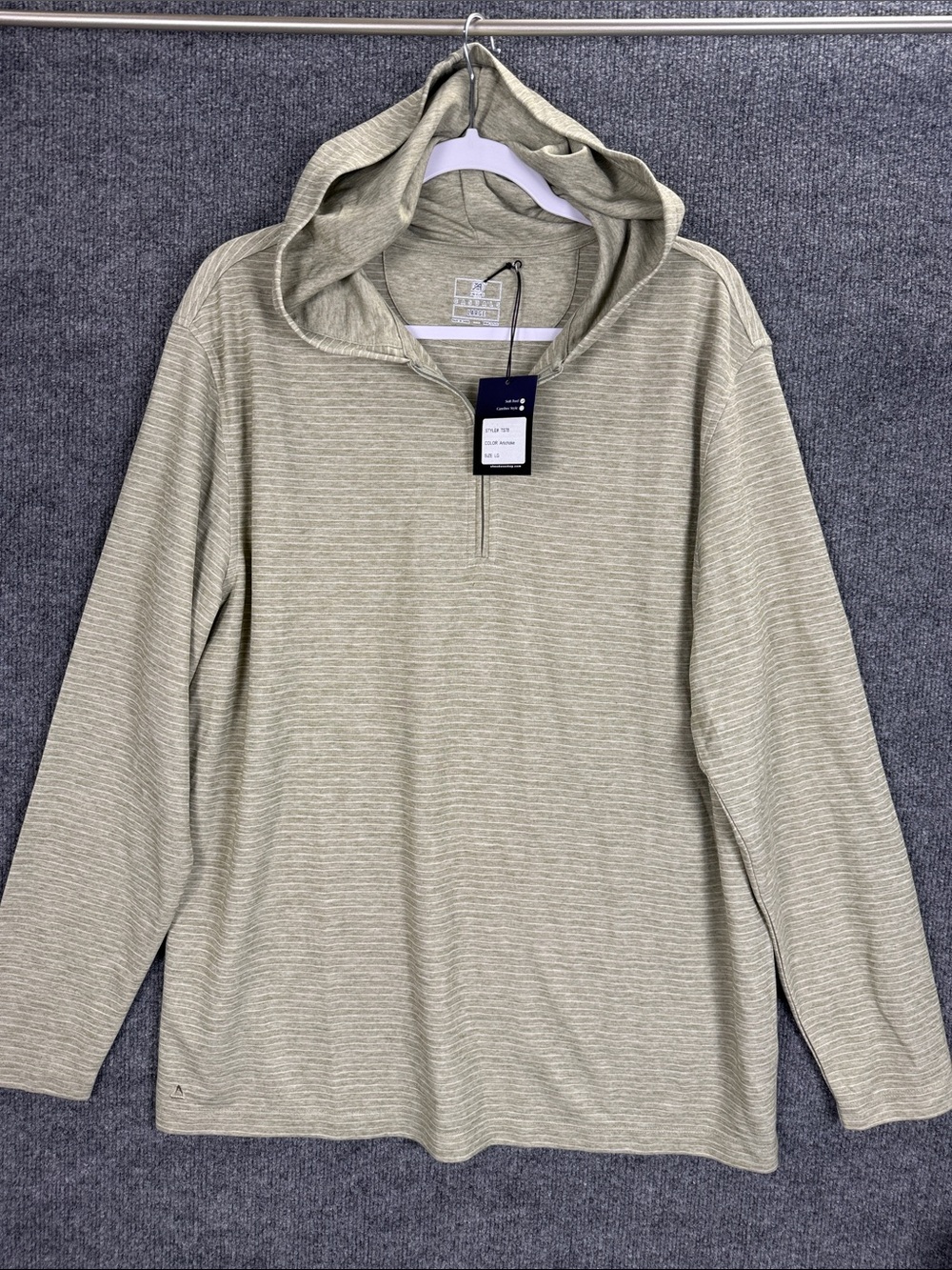 Ahead USA Men's Quarter-Zip Long Sleeve Hooded Shirt Light Olive Stripe LG NWT